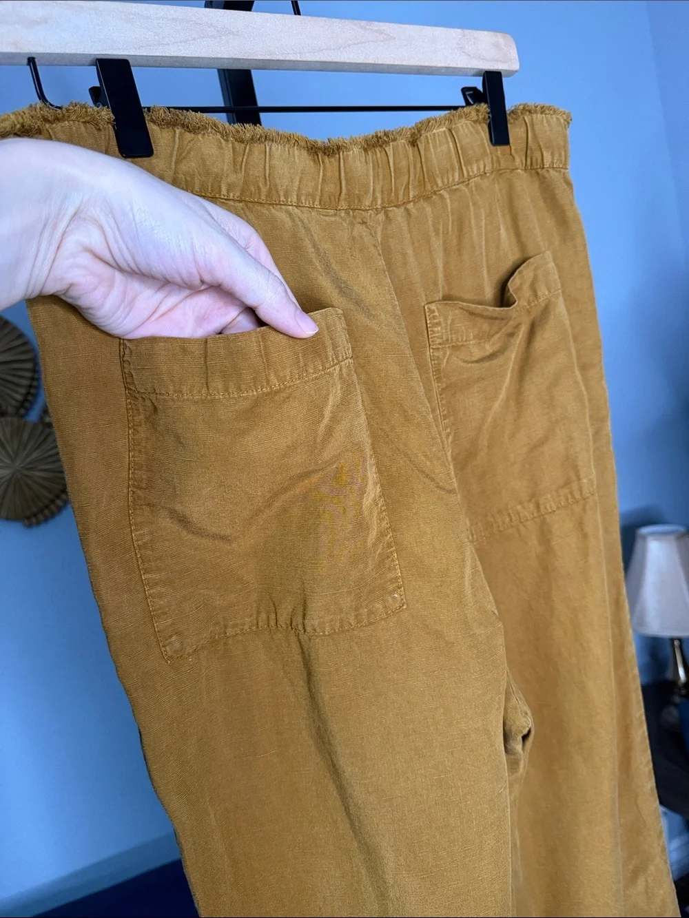 Women’s Mustard Yellow Drawstring Elastic Waist Deep Pocket Linen Lyocell Pants